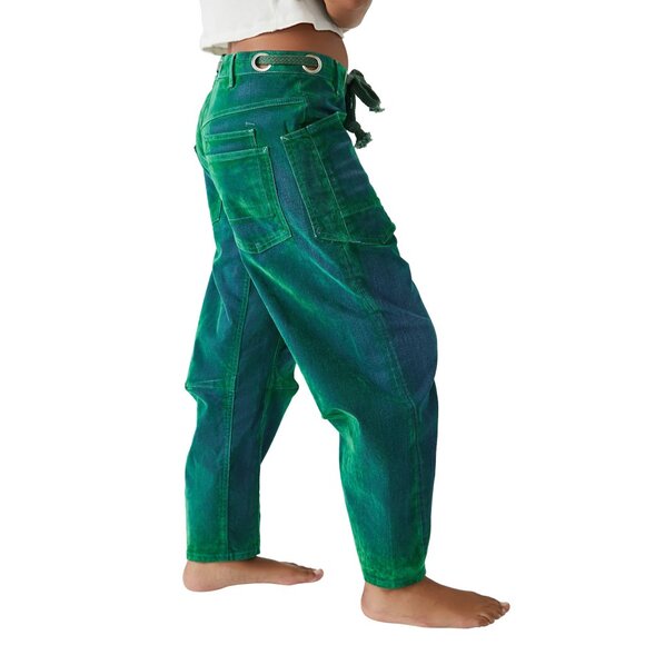 Free People We the Free Moxie Low Slung Flocked Barrel Jeans Kelly Green Size 28 - Picture 4 of 9